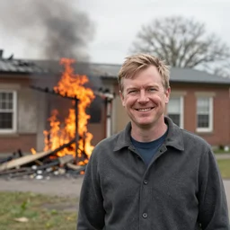 a photo of an orphanage burning down in the background and neil breen smiling in the foreground, strong depth of field