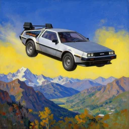 delorean flying above altai mountains, beautiful painting by roerich, colorful, highly detailed