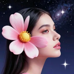 side view macro portrait,, beautiful!! female with synthwave flower, background stars and galaxy, retrowave style fantasy poster, by kyoto greg manchess, huang guangjian, lois van baarle, sachin teng, greg rutkowski, jesper ejsing, ilya kuvshinov