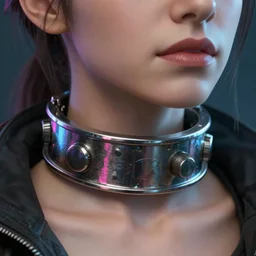 detailed realistic female character cyberpunk wearing thick steel collar around neck, realistic, art, beautiful, 4K, collar, choker, collar around neck, punk, artstation, detailed, female, woman, choker, cyberpunk, neon, punk, collar, choker, collar around neck, thick collar, tight around neck, punk, headshot, detailed,