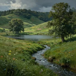 beautiful landscape, a lake and a stream, trees in the grassy hills, dramatic lighting, cinematic, establishing shot, extremly high detail, by monet, cinematic lighting, post processed, concept art, artstation, matte painting, style by greg rutkowsky
