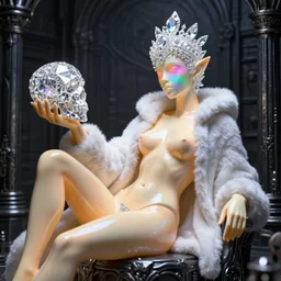 photo of baroque and bladerunner delicate neon diamond sculpture of seductive ceramic albino king kit butler dotado creamy orange iridescent humanoid deity wearing white fluffy hoody holding diamond skull in a black metallic dungeon, reclining, glowing rainbow face, crown of white diamonds, cinematic lighting, photorealistic, octane render 8 k depth of field 3 d