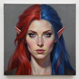A detailed matte oil on canvas head on symmetrical portrait of a distinguished elven woman  with split red and blue hair (((((makeup))))) by Charlie bowater and lise deharme wlop, trending on artstationhd,  dungeons and dragons art critical role
