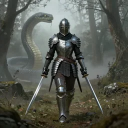 a matte painting of a helmeted female warrior wearing battle worn armor wielding twin swords walking in the forest plains of north yorkshire, misty forest, monstrous snake creature in the background, good value control, concept art, digital painting, sharp focus, symmetrical, segmented armor, single character full body, 4k, illustration, glowing eyes, rule of thirds, centered, moody colors, moody lighting, atmospheric