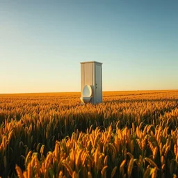 my dream of a towering toilet in a grain field, golden hour