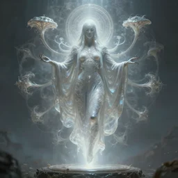 faceless, shaman, cultist, lovecraftian, surreal, shrouded figure, powerful being, plant spirit, fractal entity, spirit guide, light being, pearlescent, shiny, glowing, ascending, beautiful, subtle pattern, trending on artstation, fractal pattern, sacred geometry by peter mohrbacher, highly detailed, professional art, illustration, cult, sacrificial altar, levitating, perfect symmetry, rendered in octane, unreal engine, biomechanical, fungal god, blurred background, light dispersion