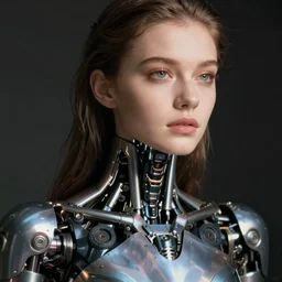 close - up portrait of beautiful young woman with cybernetic dress, art by jan saudek photography