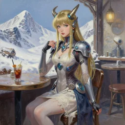 viking scifi princess in a snowy mountain cafe, wearing a lovely dress with cyberpunk elements. this oil painting by the award - winning mangaka has an interesting color scheme and impeccable lighting.