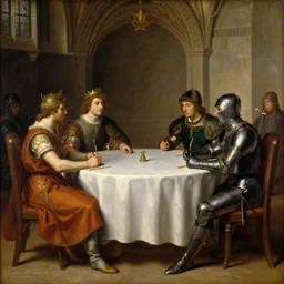 painting of king arthur and lancelot sitting at the round table in camelot, edward robert hughes, artemisia gentileschi
