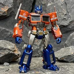 dynamic character portrait of chrome optimal optimus optimus primal from beast wars in robot mode standing in a rock quarry, rock quarry location, daytime, beast wars, beast wars, transmetal, transmetal ii, transmetal toy, transmetal toys, beast wars toy, beast wars toys, chrome orange and blue color scheme, chromed metal, metallic chrome paint, metallic chrome, metallic paint, chromed plastic, transformers, transformers beast wars