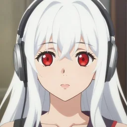 anime film still portrait of a japanese young woman, large, red eyes, white hair!!!!!, long, wearing wireless headphones, cute face by ilya kuvshinov, bakemonogatari, masakazu katsura, fine details, realistic shaded perfect face, fine - face, 4 k, long white hair