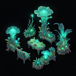 concept art 2 d game asset of furniture with an organic isometric design based on bioluminescent alien - like plants inspired by the avatar's bioluminescent alien nature. around the furniture, we can see plants that glow in the dark. all in isometric perspective and semi - realistic style item is in a black background