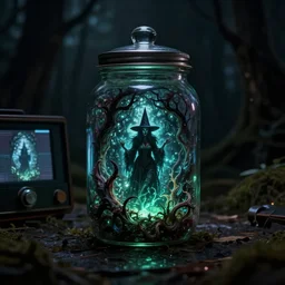 dark glowing jar of unspeakable horrors, old vcr footage of the witch's jar