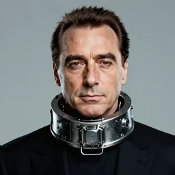 digital artwork of [Silvio Berlusconi] wearing technological large steel collar, choker on neck, cyberpunk art style, 4K, portrait, punk hairstyle,