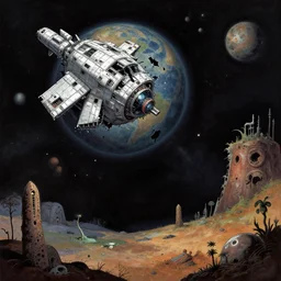 a crashed spacecraft on a strange alien planet, from a space themed point and click 2 d graphic adventure game, location design by hg giger, art inspired by thomas kinkade