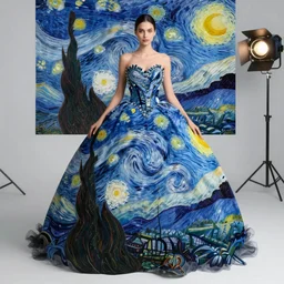 Stunning picture of a model wearing a magnificent ball gown inspired by Van Gogh's Starry Night. Studio lighting