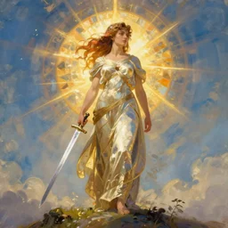ultra realistic illustration, female hero with sword standing on hill, art by alphonse mucha