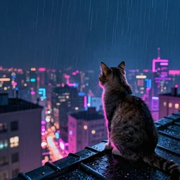 a cat observing a neon city from the roof of a building, night, digital painting, unreal engine, vibe, rain