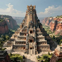 beautiful highly detailed matte painting of an intricate mayan futuristic ancient temple in a valley surrounded by canyons, by Craig Mullins and Denis Villeneuve, octane rendering