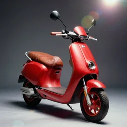 vintage analog product photography of an electric scooter made of leather, 70s design, bright red, studio lighting, film grain, lensflare, color bleed, glare