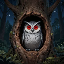 robot owl inside a hole in a tree, red eyes glowing, night sky with full of stars, in the middle of forest, illustration, 2 d style, hand drawn, realistic style, futuristic, cinematic lighting, high key lighting, high contrast, golden ratio, sharpen, high detailed, high noise, wildlife photography