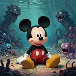 Mickey mouse sitting next to terrifying sea creatures on a creepy beach, digital art, in the style of Vitaly Samarin Alexiu, super detailed, artstation