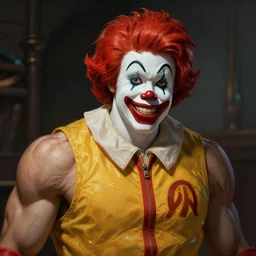 portrait of Ronald McDonald the rapist clown, muscular, wild, upper body, D&D, fantasy, intricate, cinematic lighting, highly detailed, digital painting, artstation, concept art, smooth, sharp focus, illustration, art by Hajime Sorayama