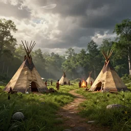 beautiful render of an indegenous tribe, unreal engine, first light, teepee, paths, lush grass, dramatic clouds, encampment, soft light, forest, campofire, by greg rutkowski, cgsociety