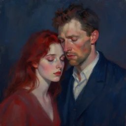portrait of a hurt man and a beautiful woman, intimate, eyes closed, faded shades of dark blue and red, pretty face, sharp eyes, rule of thirds, delicate suit, spotlight, by jeremy mann, by francoise nielly, by van gogh, digital painting