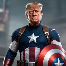 Donald Trump cast as Captain America, still from marvel movie, hyperrealistic, 8k, Octane Render,