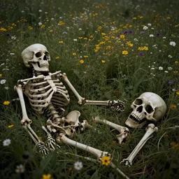 professional, atmospheric photograph of decaying skeletons and bones. in a meadow of flowers