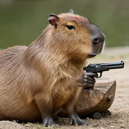 profile picture of a realistic capybara holding a gun
