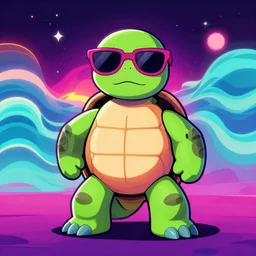 turtle wearing sunglasses, cartoon, retro wave, 8 0 s neon, cinematic