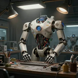 robot repair workshop, blade runner artifacts, cyberpunk tech, ultrarealistic, futuristic, three point lighting, dramatic lighting, electrical details, high details, 4 k, 8 k, best, accurate, trending on artstation, photorealism, digital painting, style of peter mohrbacher, caravaggio, vitaly bulgarov