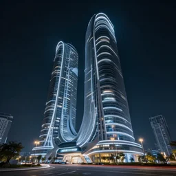 state of the art building in the year 2099, futuristic, cool lighting, glowing lights, nighttime, award winning concept art, trending on Artstation, 4k, 8k