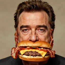 kevin bacon face with a bacon texture wrapped inside a cheeseburger