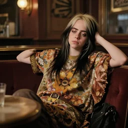 sophisticated billie eilish as a 1960s flower hippie relaxing in a smokey Paris tavern, elegant, highly detailed, shallow depth of field, concept art, Artstation, Artgerm, Donato Giancola, Joseph Christian Leyendecker