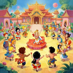 a beautiful painting of a temple dance party, by matt groening, lisa frank, josan gonzalez, chibi, artstation, symmetry