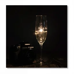 canon camera. complete darkness. backlit champagne glass. one small light source. chiaroscuro. raw. f 1 1. 3 0 seconds