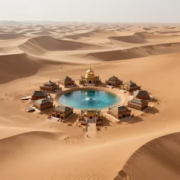 The spiritual village of a lost civilization built near the water of a lone oasis in the center of a seemingly infinite sand desert full of tall sand dunes, concept art, game art, trending on art station, matte painting