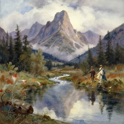 watercolor painting of small cold river, pond, reflections, tall mountains and clouds, mythological art by hans gude, romance art by hans dahl, by jesper ejsing, art by anders zorn, wonderful masterpiece by greg rutkowski, cinematic light, american romanticism by greg manchess, creation by tyler edlin