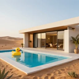 modern house in the middle of desert, rubber duck in the pool, professional photography