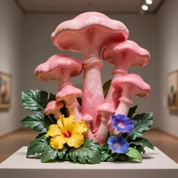 a stunning ultra detailed plastic 3 d sculpture made of pink oyster mushroom, montsera leaves, yellow hibiscus, morning glory flowers by barbara hepworth, artstation, 8 k, deep depth of field, top lit, volumetric lighting, octane render, museum piece, rectangular dimensions