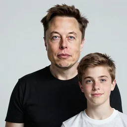A portrait photo of Elon Musk teams up with a teenage Elon Musk, perfect faces, 50 mm, award winning photography