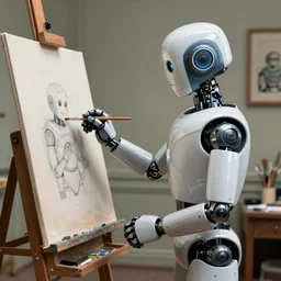 a robot painter standing at his easel with paintbrush, illustrated by jean giraud, illustrated by moebius, ultradetailed, hyperrealistic, octane render, 8 k, artstation, art germ
