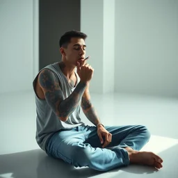 a tattooed young and thin latino guy, alone, sitting on the floor in a white room wearing a sleeveles shirt and blue jeans, short hair, tattoos, smoking, cinematic lighting, establishing shot, art by jordan grimmer