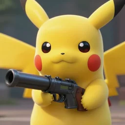 close up of pikachu with a machine gun, cinematographic shot, by daniel f. gerhartz