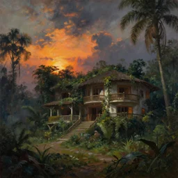 lavish residence in a jungle, moody sunset and dramatic sky , oil painting by frazetta, low angle, postapocalyptic, cinemascope panorama