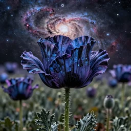 detailed, intricate blue black and purple papaverum flower on the field, nebula in the sky