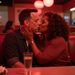 tom hanks and oprah winfrey kissing in a quiet booth at pizza hut on a saturday night, realistic, red lighting, cinematic